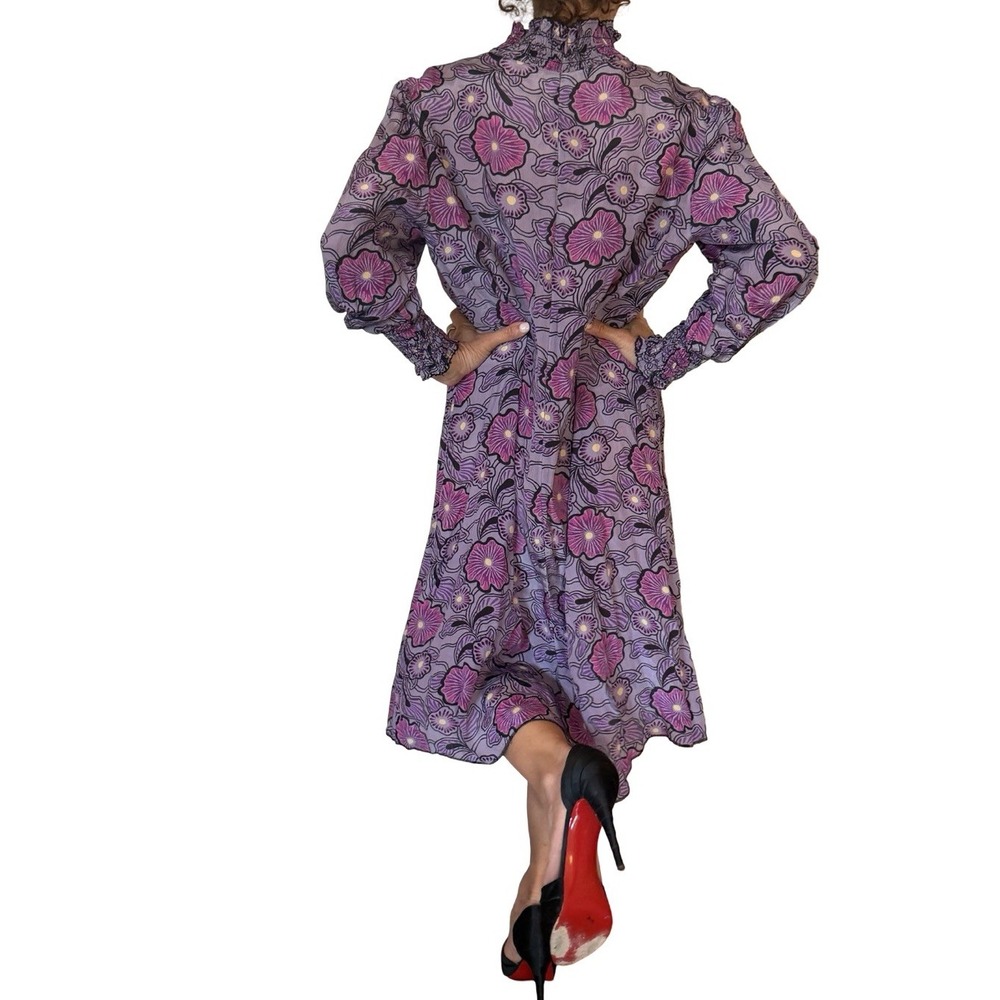 Anna Sui USA Dress XL Purple Floral smocked high neck 70'S Vintage Boho Chic - Picture 7 of 14